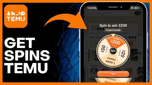 "Temu app displaying free spins options, including daily rewards, referral bonuses, and promo codes."